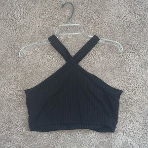 SHEIN Ribbed Crop Top Cross Neck Black Top Size L 8/10